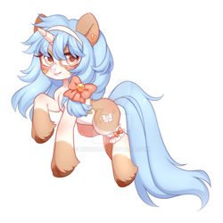 Size: 1024x1024 | Tagged: safe, artist:miioko, imported from derpibooru, oc, oc only, pony, unicorn, bow, deviantart watermark, female, hair bow, horn, mare, obtrusive watermark, simple background, smiling, solo, unicorn oc, unshorn fetlocks, watermark, white background