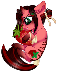 Size: 1421x1749 | Tagged: safe, artist:moonert, imported from derpibooru, oc, oc only, pony, unicorn, ear fluff, eyelashes, female, food, horn, hug, mare, micro, simple background, solo, strawberry, tail, tail wrap, transparent background, unicorn oc