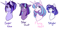 Size: 2600x1300 | Tagged: safe, artist:purplegrim40, imported from derpibooru, princess flurry heart, oc, alicorn, pony, unicorn, bio in description, bust, female, horn, magical lesbian spawn, mare, offspring, older, older flurry heart, parent:princess cadance, parent:shining armor, parent:tempest shadow, parent:twilight sparkle, parents:shiningcadance, parents:tempestlight, simple background, unicorn oc, white background