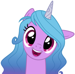 Size: 1024x1008 | Tagged: safe, artist:emeraldblast63, imported from derpibooru, izzy moonbow, pony, unicorn, bust, female, g4, g5, g5 to g4, generation leap, head tilt, hi new friend, looking at you, mare, one ear down, open mouth, open smile, simple background, smiling, smiling at you, solo, transparent background, uvula