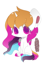 Size: 973x1279 | Tagged: safe, artist:rhyme, imported from derpibooru, oc, oc only, oc:rainbowwing, alicorn, :<, alicorn oc, behaving like a cat, big ears, big eyes, ear fluff, female, folded wings, hoof shoes, horn, looking at you, multicolored hair, multicolored mane, multicolored tail, simple background, sitting, solo, tail, white background, wings