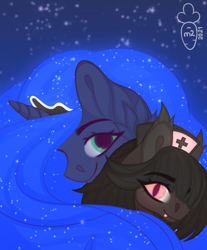 Size: 1152x1388 | Tagged: safe, artist:macyw, imported from derpibooru, princess luna, oc, oc:blood bank, alicorn, bat pony, blood, ear fluff, fangs, hat, jewelry, nurse hat, regalia, smiling, stars, streets of chicolt: a totally legitimate business venture