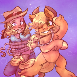 Size: 1000x1000 | Tagged: safe, artist:mimiporcellini, imported from derpibooru, applejack, earth pony, human, pony, blushing, crossover, crossover shipping, female, hol horse, holjack, in love, interspecies, jojo's bizarre adventure, male, mare, one eye closed, shipping, straight, wink