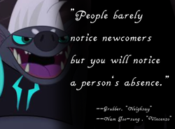 Size: 4096x3018 | Tagged: safe, artist:decokenite, edit, edited screencap, imported from derpibooru, screencap, grubber, hedgehog, my little pony: the movie, book:neighsay x vincenzo quotes, male, mr. nam, nam joo-sung, open mouth, quote, storm king's emblem, vincenzo