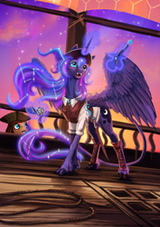 Size: 2480x3508 | Tagged: safe, artist:dalagar, imported from derpibooru, princess luna, alicorn, classical unicorn, pony, unicorn, captain jack sparrow, clothes, cloven hooves, compass, constellation, duo, fangs, female, glowing, glowing horn, gun, handgun, hat, horn, jack sparrow, leonine tail, magic, mare, open mouth, open smile, pirate, pirate hat, pistol, ponified, rope, ship, smiling, solo focus, sword, telekinesis, unshorn fetlocks, vest, weapon