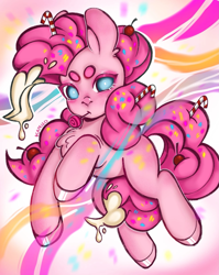 Size: 1531x1919 | Tagged: safe, artist:kapello, imported from derpibooru, pinkie pie, earth pony, pony, candy, candy cane, cherry, chest fluff, food, frosting, lollipop, looking at you, mouth hold, solo