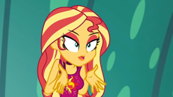 Size: 1280x720 | Tagged: safe, artist:sapphire, edit, edited screencap, editor:sapphire, imported from derpibooru, screencap, sunset shimmer, human, equestria girls, equestria girls series, spring breakdown, spoiler:eqg series (season 2), breasts, busty sunset shimmer, eye clipping through hair, eyebrows, eyebrows visible through hair, eyeshadow, female, lipstick, makeup, open mouth, sleeveless, solo