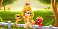 Size: 2971x1500 | Tagged: safe, artist:darksly, imported from derpibooru, apple bloom, applejack, big macintosh, pear butter, earth pony, pony, adorabloom, apple, apple siblings, apple sisters, baby, baby apple bloom, best mom ever, blank flank, brother and sister, colt, colt big macintosh, crossed hooves, cute, family, female, fence, filly, filly applejack, foal, food, grass, jackabetes, macabetes, male, mother and child, mother and daughter, mother and son, mother's day, mouth hold, open mouth, open smile, orchard, pear, pearabetes, pony hat, siblings, sisters, smiling, tree, younger