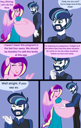 Size: 2400x3800 | Tagged: safe, alternate version, artist:chelseawest, imported from derpibooru, princess cadance, shining armor, human, equestria girls, bedroom eyes, belly, big belly, blushing, comic, concerned, couple, cute, eye contact, facial hair, female, grey hair, hand on belly, huge belly, husband and wife, hyper, hyper belly, hyper pregnancy, impossibly large belly, kicking, looking at each other, looking at someone, male, married couple, married couples doing married things, multiple pregnancy, older, ponied up, pregdance, pregnant, pregnant equestria girls, remake, shiningcadance, shipping, sigh, signature, speech, speech bubble, straight, talking, worried