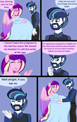 Size: 2400x3800 | Tagged: safe, alternate version, artist:chelseawest, imported from derpibooru, princess cadance, shining armor, human, equestria girls, bedroom eyes, belly, big belly, blushing, clothes, comic, concerned, couple, cute, dress, eye contact, facial hair, female, grey hair, hand on belly, huge belly, husband and wife, hyper, hyper belly, hyper pregnancy, impossibly large belly, kicking, looking at each other, looking at someone, male, married couple, married couples doing married things, multiple pregnancy, older, ponied up, pregdance, pregnant, pregnant equestria girls, remake, shiningcadance, shipping, sigh, signature, speech, speech bubble, straight, talking, worried