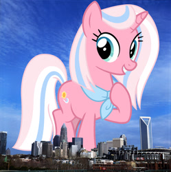 Size: 1964x1973 | Tagged: safe, artist:cheezedoodle96, artist:thegiantponyfan, edit, imported from derpibooru, clear sky, pony, unicorn, charlotte, female, giant pony, giant unicorn, giantess, grin, highrise ponies, hoof on chest, irl, looking at you, macro, mare, mega giant, neckerchief, north carolina, photo, ponies in real life, smiling, solo