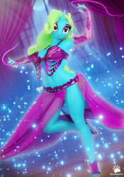 Size: 2683x3840 | Tagged: safe, artist:nyaasapphire, imported from derpibooru, oc, oc only, oc:wishy washy, anthro, unicorn, 3d, belly dancer, belly dancer outfit, bra, clothes, commission, curtains, green mane, horn, moon, skirt, solo, underwear, unicorn oc, window