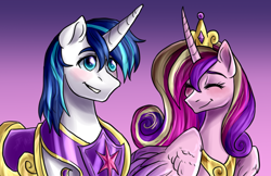 Size: 2000x1298 | Tagged: safe, artist:not-ordinary-pony, derpibooru exclusive, imported from derpibooru, princess cadance, shining armor, alicorn, pony, unicorn, canterlot wedding 10th anniversary, duo, duo male and female, eyebrows, eyes closed, female, gradient background, grin, male, mare, shiningcadance, shipping, smiling, stallion, straight