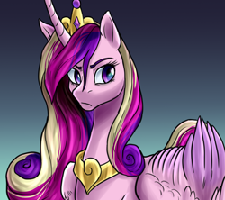 Size: 1514x1343 | Tagged: safe, artist:not-ordinary-pony, derpibooru exclusive, imported from derpibooru, princess cadance, queen chrysalis, alicorn, changeling, changeling queen, pony, canterlot wedding 10th anniversary, disguise, disguised changeling, eyebrows, fake cadance, female, frown, gradient background, mare, solo