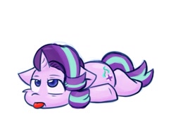 Size: 903x629 | Tagged: safe, artist:zutcha, imported from derpibooru, starlight glimmer, pony, unicorn, :p, looking up, lying down, prone, simple background, solo, tongue out, white background