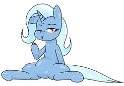 Size: 888x619 | Tagged: safe, alternate version, artist:batipin, imported from derpibooru, trixie, pony, unicorn, chubby, chubby trixie, cinnamon nuts, eating, female, food, mare, one eye closed, peanut, simple background, solo, transparent background