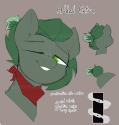 Size: 759x796 | Tagged: safe, artist:angrylittlerodent, imported from derpibooru, oc, oc only, oc:added extra, earth pony, adoptable, cutie mark, freckles, grin, neckerchief, ponytail, reference sheet, simple background, smiling, watermark