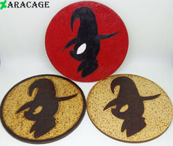 Size: 3500x2950 | Tagged: safe, artist:aracage, imported from derpibooru, trixie, coaster, craft, emblem, irl, no pony, photo, pyrography, traditional art, woodwork