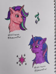 Size: 2250x3000 | Tagged: safe, artist:autumnsfur, imported from derpibooru, starlight glimmer, twilight sparkle, earth pony, pony, unicorn, blue eyes, blue mane, bust, duo, female, g4, long hair, mare, notebook, pink fur, portrait, purple fur, purple mane, sharpie, simple background, sketch, traditional art
