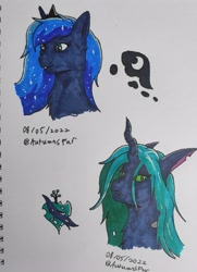 Size: 2250x3113 | Tagged: safe, artist:autumnsfur, imported from derpibooru, princess luna, queen chrysalis, changeling, pony, blue eyes, blue mane, bust, crown, duo, female, green eyes, green mane, jewelry, long hair, mare, notebook, portrait, regalia, sharpie, simple background, sketch, traditional art