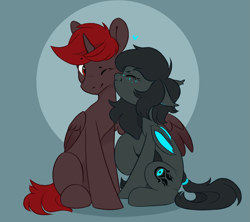 Size: 3373x3000 | Tagged: safe, artist:melodylibris, imported from derpibooru, oc, oc only, oc:hardy, oc:umbra glow, alicorn, bat pony, pony, alicorn oc, bat pony oc, cute, duo, freckles, hair tie, heart, horn, hug, nose wrinkle, simple background, snoot, winghug, wings