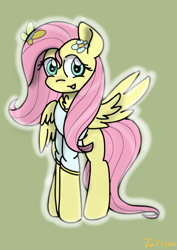 Size: 1122x1588 | Tagged: safe, artist:twiliset, imported from derpibooru, fluttershy, butterfly, pegasus, pony, clothes, cute, flower, looking at you, simple background, smiling, smiling at you, spread wings, wings