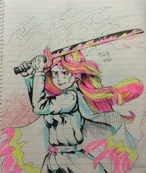 Size: 2854x3385 | Tagged: source needed, safe, artist:zzugguri, imported from derpibooru, sunset shimmer, human, equestria girls, clothes, cosplay, costume, demon slayer, fire, katana, smiling, solo, sword, traditional art, weapon