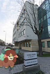 Size: 2500x3750 | Tagged: safe, artist:sonofaskywalker, edit, imported from derpibooru, yona, yak, non-compete clause, bow, cloven hooves, female, hair bow, irl, namesake, office building, photo, poland, polish, pun, solo, unamused, vector, visual pun, warsaw, yona is not amused, yona park