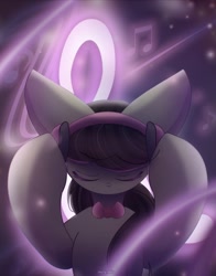 Size: 1845x2350 | Tagged: safe, artist:miryelis, imported from derpibooru, octavia melody, earth pony, pony, bow, eyes closed, headphones, long hair, music, music notes, smiling, solo