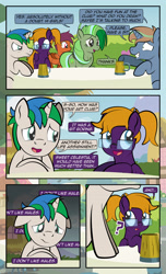 Size: 1920x3168 | Tagged: safe, artist:alexdti, imported from derpibooru, oc, oc only, oc:brainstorm (alexdti), oc:purple creativity, oc:screwpine caprice, oc:star logic, oc:vee, pegasus, pony, unicorn, comic:quest for friendship, angry, comic, crying, dialogue, female, floppy ears, folded wings, glasses, grammar error, grin, high res, hooves, horn, lidded eyes, looking at someone, looking away, male, mare, mug, narrowed eyes, nervous, nervous grin, open mouth, open smile, outdoors, pegasus oc, ponytail, question mark, sad, shrunken pupils, smiling, speech bubble, stallion, unicorn oc, wavy mouth, wings
