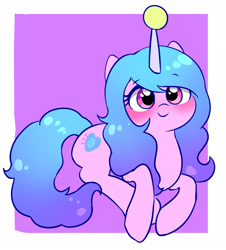 Size: 2191x2421 | Tagged: safe, artist:leo19969525, imported from derpibooru, izzy moonbow, pony, unicorn, abstract background, ball, blue hair, blue tail, blushing, cute, female, g5, hair, horn, hornball, izzy's tennis ball, izzybetes, looking at you, simple background, smiling, smiling at you, solo, tail, tennis ball