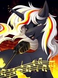 Size: 3072x4096 | Tagged: safe, artist:buvanybu, imported from derpibooru, oc, oc only, oc:velvet remedy, pony, unicorn, fallout equestria, microphone, music notes, open mouth, singing, solo, teary eyes
