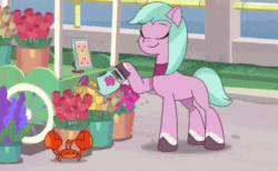 Size: 498x306 | Tagged: safe, imported from derpibooru, screencap, crab, earth pony, pony, spoiler:g5, spoiler:my little pony: tell your tale, spoiler:tyts01e07, adordahlia, angry, animated, clip trot, cute, dahlia, dancing, eyes closed, female, flower, g5, gif, headbob, mare, mcsnips-a-lot, my little pony: tell your tale, the pony hip-hop, tulip, watering, watering can
