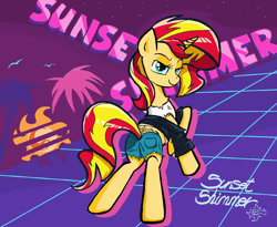 Size: 1280x1051 | Tagged: safe, artist:sallycars, imported from derpibooru, sunset shimmer, pony, unicorn, equestria girls, 80s, bedroom eyes, bipedal, butt, clothes, female, looking at you, looking back, looking back at you, mare, ms paint, plot, shorts, torn clothes