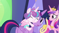 Size: 1280x720 | Tagged: safe, imported from derpibooru, screencap, princess cadance, princess flurry heart, twilight sparkle, alicorn, pony, a flurry of emotions, season 7, ^^, auntie twilight, baby, baby pony, butt, cute, daaaaaaaaaaaw, eyes closed, female, flurry heart riding twilight, flurrybetes, foal, hnnng, hug, mare, open mouth, plot, safety pin, trio, trio female, twibutt, twilight is bae, twilight sparkle (alicorn)