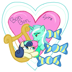 Size: 762x760 | Tagged: safe, artist:sallycars, imported from derpibooru, bon bon, lyra heartstrings, sweetie drops, earth pony, pony, unicorn, 2017, duo, female, heart, lesbian, lyrabon, mare, ms paint, old art, shipping, simple background, white background