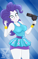 Size: 1992x3126 | Tagged: safe, artist:theretroart88, imported from derpibooru, rarity, human, do it for the ponygram!, equestria girls, equestria girls series, spoiler:eqg series (season 2), alternate hairstyle, armpits, blushing, breasts, busty rarity, cleavage, female, frown, hair dryer, high res, looking at you, misleading thumbnail, pinkie pie hair, rarity peplum dress, signature, sleeveless, solo, stupid sexy rarity, teeth, trouble