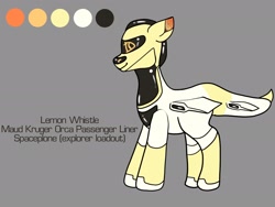 Size: 2160x1620 | Tagged: safe, artist:v-nuz, imported from derpibooru, oc, oc only, oc:lemon whistle, object pony, original species, spaceship ponies, fanfic:friendship drive charging, elite dangerous, full body, gray background, reference sheet, simple background, smiling, solo, spaceship, standing