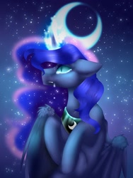 Size: 1500x2000 | Tagged: safe, artist:lucinda250, imported from derpibooru, princess luna, alicorn, pony, crescent moon, crying, female, glowing, glowing horn, horn, mare, moon, night, slit pupils, solo, stars