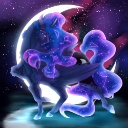 Size: 2000x2000 | Tagged: safe, artist:lucinda250, imported from derpibooru, princess luna, alicorn, pony, constellation, crescent moon, crying, eyes closed, female, looking at you, mare, moon, night, solo, stars