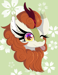 Size: 962x1250 | Tagged: safe, artist:windykirin, imported from derpibooru, autumn blaze, kirin, ;p, bust, female, long eyelashes, one eye closed, portrait, simple background, smiling, solo, tongue out, wink