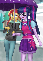 Size: 1024x1449 | Tagged: safe, artist:milekhippy, imported from derpibooru, sci-twi, sunset shimmer, twilight sparkle, human, eqg summertime shorts, equestria girls, monday blues, backpack, clothes, female, geode of telekinesis, jacket, magical geodes, ponytail, portal, rain, scene interpretation, skirt, umbrella