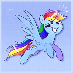 Size: 2500x2500 | Tagged: safe, artist:syrupyyy, imported from derpibooru, rainbow dash, pegasus, pony, abstract background, female, flying, grin, looking back, raised eyebrow, smiling, smug, solo, spread wings, wings, wrong cutie mark