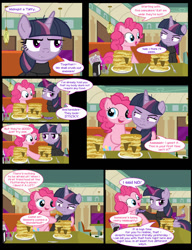 Size: 1042x1358 | Tagged: safe, artist:dendoctor, imported from derpibooru, mean twilight sparkle, pinkie pie, twilight sparkle, alicorn, earth pony, pony, comic:clone.., alternate universe, clone, clothes, comic, diner, female, food, fork, glowing, glowing horn, horn, magic, pancakes, pepper, pinkie clone, plate, salt, taffy, telekinesis, twilight sparkle (alicorn)