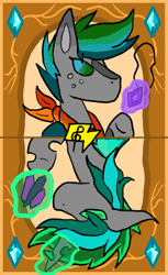 Size: 1269x2069 | Tagged: safe, artist:thundernote, imported from derpibooru, oc, oc only, oc:thundernote, changeling, hybrid, pegasus, pony, amulet, arcana focus, bandana, blaze (coat marking), coat markings, crystal, duo, facial markings, freckles, gem, glowing, glowing horn, green changeling, horn, jewelry, krita, magic, multi-maned, multicolored hair, new version, new vs old, old version, spots, two toned mane