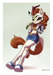 Size: 724x1024 | Tagged: safe, artist:lummh, imported from derpibooru, autumn blaze, anthro, kirin, unguligrade anthro, belly button, belt, belt buckle, clothes, commission, female, midriff, smiley face, solo, stick