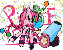 Size: 1977x1567 | Tagged: safe, artist:sallycars, imported from derpibooru, gummy, pinkie pie, alligator, earth pony, pony, 2016, balloon, confetti, female, mare, ms paint, old art, party cannon, tongue out