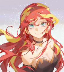 Size: 1077x1200 | Tagged: safe, artist:animesoul, imported from derpibooru, sunset shimmer, human, bare shoulders, breasts, busty sunset shimmer, choker, cleavage, cute, female, humanized, looking at you, shimmerbetes, simple background, sleeveless, smiling, smiling at you, solo, strapless