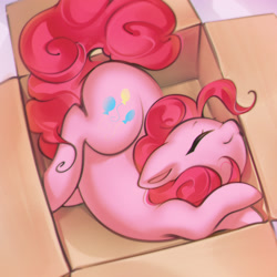 Size: 2671x2671 | Tagged: safe, artist:mirroredsea, imported from derpibooru, pinkie pie, earth pony, pony, behaving like a cat, box, cardboard box, cute, daaaaaaaaaaaw, diapinkes, eyes closed, female, high res, if i fits i sits, mare, ponk, pony in a box, silly, silly pony, solo, stray strand, weapons-grade cute