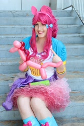 Size: 1366x2048 | Tagged: safe, imported from derpibooru, kotobukiya, pinkie pie, human, balloon, balloon animal, clothes, cosplay, costume, irl, irl human, photo, sitting, solo